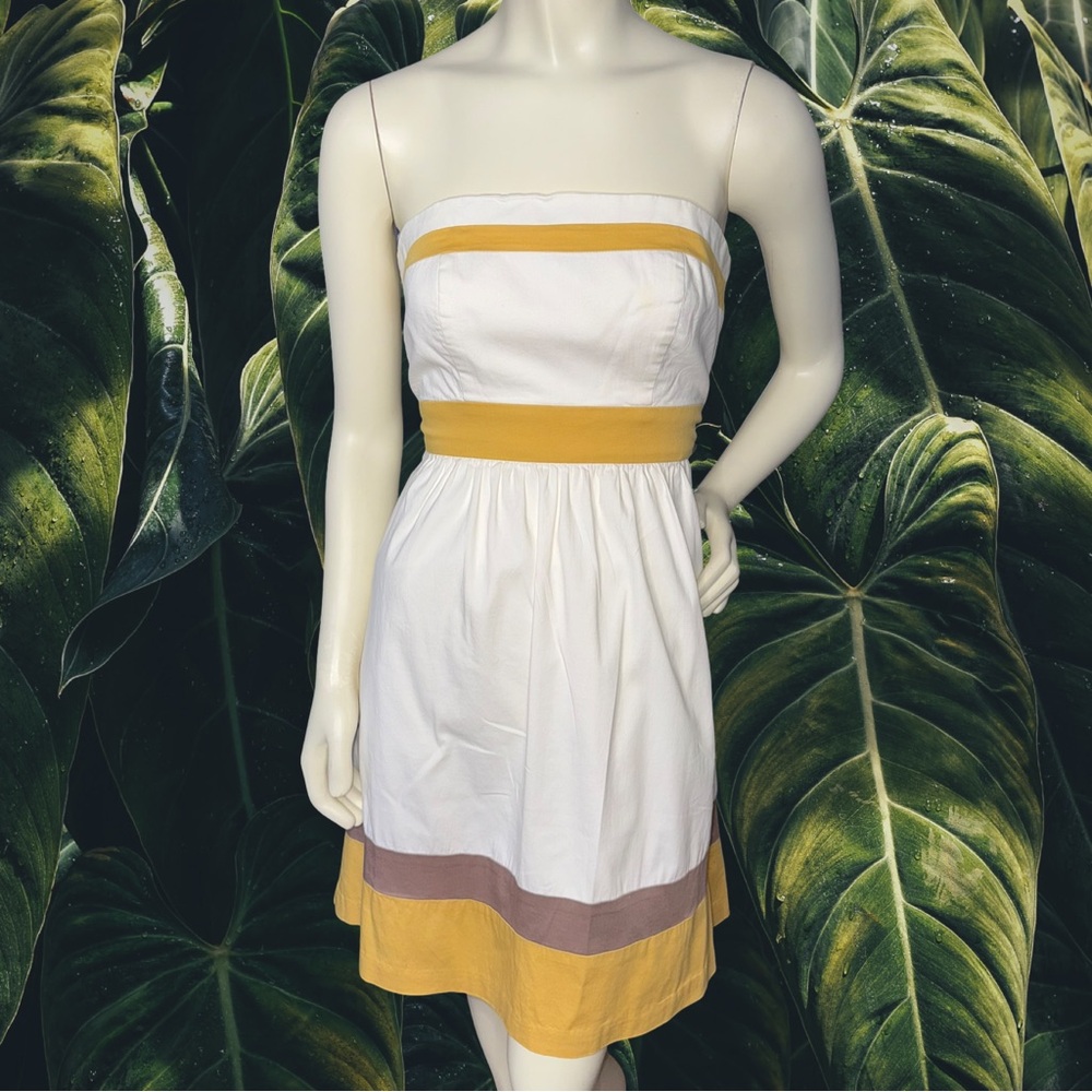 BCBG Strapless Dress in White, Yellow, and Brown